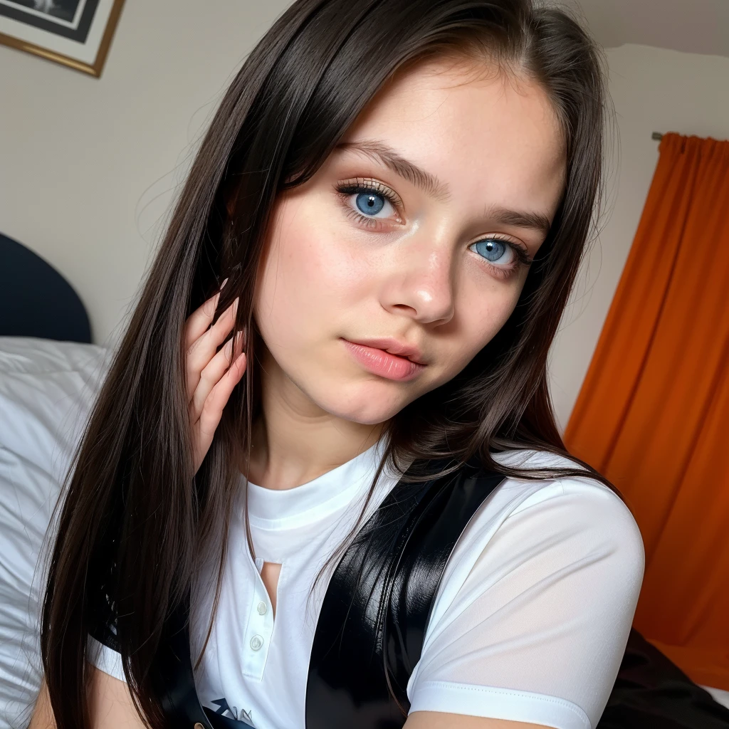 a beautiful 10 year old Russian teenage Ukrainian girl with blue eyes , taking a selfie with face of young girl with perfect , big eyes , wide fleshy lips thin upturned nose, with a fine face like a barbie , flat breasts ,very long and very straight black hair, wearing shiny leggings and a croped shirt with large orange buttons , 10 years old, very tender face , girl with blue eyes posing very sexy wearing a croped shirt and casual shiny clothes in the bedroom ,straight hair. a very attractive teenage girl sexually naked, posing from Ukraine beautiful girl 10 year old girl, cute, beautiful masterpiece, black clothes ,masterpiece