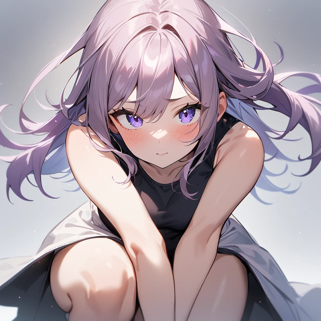 1 girl, Atsuko(Blue Archive), masterpiece, best quality, 4K, woman, shy, embarrassed, flushed, flushing, flushed cheeks, flushed face, bashful, ashamed, blushing, neutral, expressionless, sitting, sitting on the floor, legs spread, looking at viewer, long hair, purple hair, red eyes, tareme, droopy eyes, pale skin, fair skin, beautiful breasts, off shoulder, undone clothing, underwear, hairband, white background, no background, macro shot, from below, low angle shot, dutch angle shot, dynamic angle, golden ratio