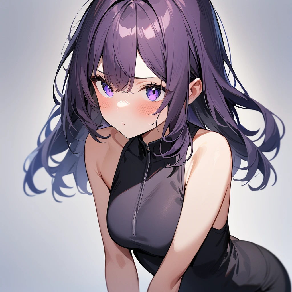 1 girl,Solo,long and shot hair,masterpiece, best quality, very aesthetic, absurdres,arms,face,hands,purple and blue,one-piece,v_arms