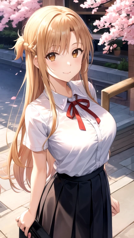 aaasuna,long hair, brown hair, braid, brown eyes,large breasts,,white shirt,short sleeves,pleated skirt,black skirt,red ribbon, neck ribbon,cowboy shot,standing,smile,closed mouth,outdoors,cherry blossoms,lower body,   