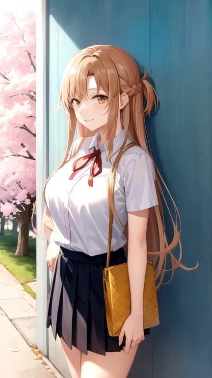 aaasuna,long hair, brown hair, braid, brown eyes,large breasts,,white shirt,short sleeves,pleated skirt,black skirt,red ribbon, neck ribbon,cowboy shot,standing,smile,closed mouth,outdoors,cherry blossoms,lower body,   