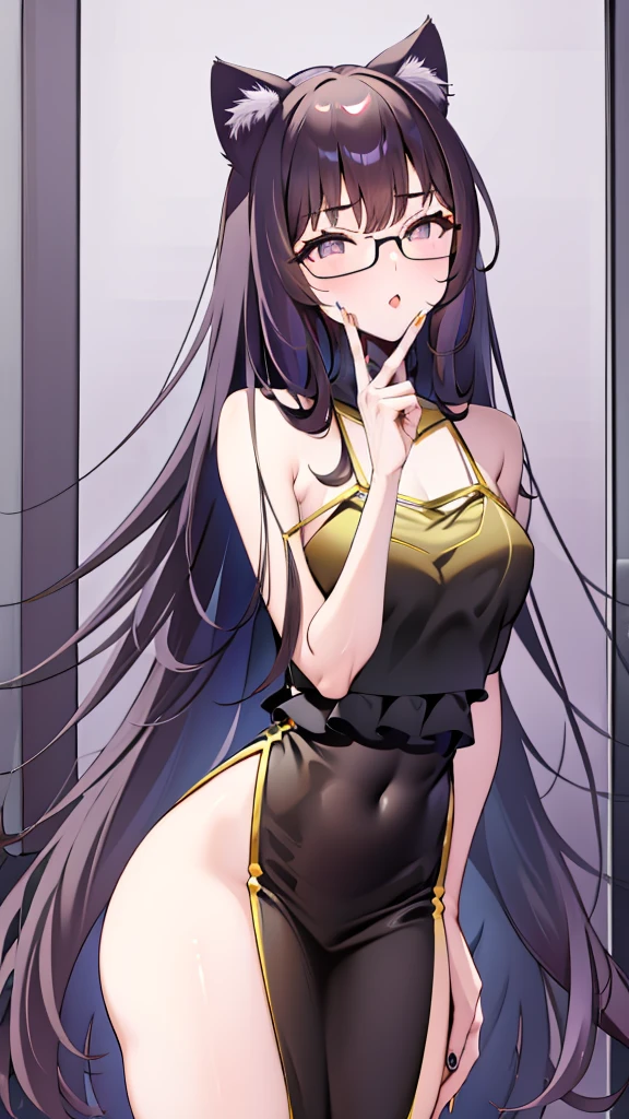 A 20-year-old cat girl with long black hair, gray eyes, bust, wears glasses, and a thigh-length black evening dress.