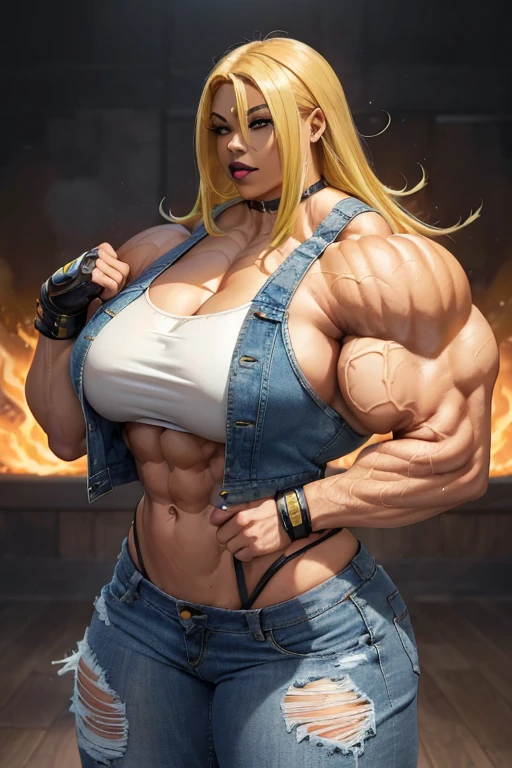 ((((Massive, beautiful, buff, light brown skinned muscular woman with yellow hair, black lipstick, ginormous bulky muscles and wearing a denim jacket and a tight denim pants)))), (close view), massive muscles, hyper muscles, (long flowing hair), ((tight tank top)), tight tank top, red eyes, choker, (((denim jacket))), (denim gloves), high heel boots, yellow colored flames, (yellow fire background), closed smile, night, ginormous arms