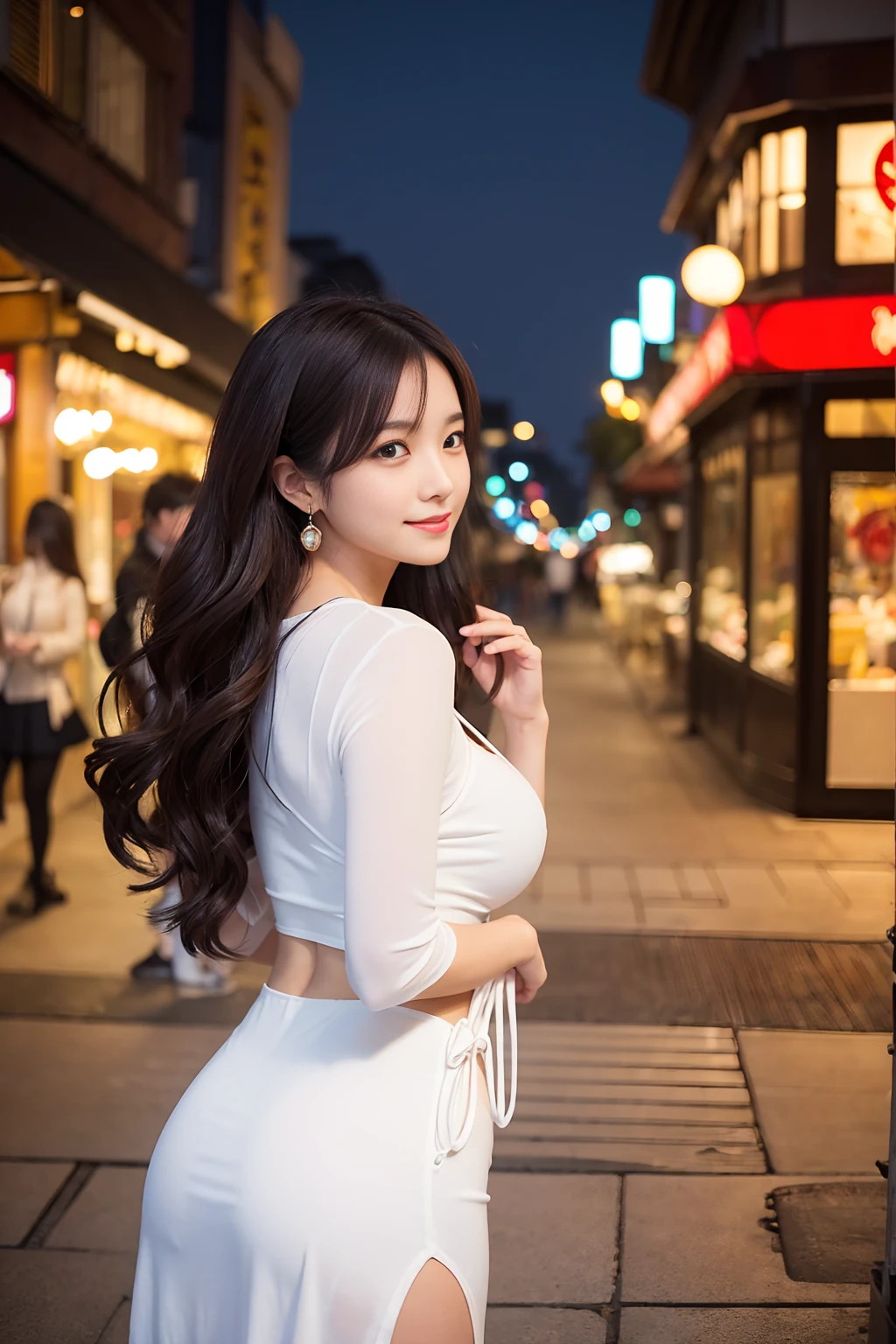 「Beautiful Japanese woman in her early 20s。Long, lightly wavy black hair style。A kind smile。She is wearing a tight white dress、A fitted top that accentuates large breasts、A tight skirt that accentuates the thighs and buttocks。Wear a thin white cardigan、She is wearing a small necklace and earrings。With clear skin、Photorealistic but with a touch of anime。Night city background、A date scene in front of a cafe or restaurant with shining illuminations。With a small handbag in her hand、Talking while walking。In a romantic atmosphere、Background with hazy light effect。Poses and angles that emphasize the female curves。」