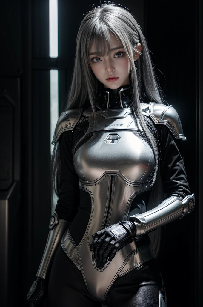 cyber angel,machine wing,{{Sci-Fi Armor}},cyber suit,cyberpunk,science fiction,cyber battle armor,Battledress,Military Uniforms,pants,black military uniform,whole body,Height: 168cm,almond shape eyes,{{{{{silver eyes}}}}},{{{{{dull bangs}}}}},(slanted eyes},{{whole body},{{{1 girl}}}, long hair, straight hair,{{{{silver hair}}}},{{{tsurime}}},30 years old,{Medium chest},{{bush}},silver eyes,{{{masterpiece}}}, {{{highest quality}}}, {{Super detailed}}, {shape}, {{very delicate and beautiful}},very detailed,detailed perfect,detailed hyper,Abundant thighs,big ass,black clothes