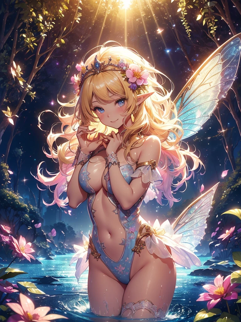 最high quality、1 woman elf on screen 、blonde、On beautiful water、river、wet,sexly, Beautifully decorated bra、Panties、Beautiful foam、、CourtyardShining fairy wings、Flower fractal art　　Beautiful Nature　　Separate swimsuit　、((cowboy shot 　))　　　　、see-throughbodystocking,underwear,Beautiful radiance,High-definition depiction, Realistic, 8K, Unity, beautiful Shot, light smile, Beautifully and vividly drawn, , Beautiful forest, beautiful, clear skin、sexly,beautiful underwear,Countless rays of light pouring down, Swirling Light, Raise one arm above your head, Intense light is emitted from the magic circle in front of the girl.   flower、Particles of light、 Fairy tale、Starlight、
Romanticism,Cowboy Shot: The most beautiful form of chaos, Mr..々colour, Intertwined flowers, Particle,magical gentle light,smile,sexly,image quality、masterpiece、Beautiful Face、Super beautiful elf woman((Big breasted 22 year old office lady、Bust 100,Beautiful long ironed hair 、bionde hair,height: 165cm。、sexly、ANDsbian、、high quality、、Visual art、Written boundary depth、、ANDlf ANDars、、universe、Happy smile、gentle light、ANDlf forest、elegant、ticker beautiful decorative、、magic、forest、beautiful tiara、Beautiful bed、Beautiful Landscape、A kind smile、wonderful、Fluttering petals、Dance happily、、Cultivate fantasy、art,mystery,Ultra-high resolution,atmosphere A colorful and dreamy anime-style illustration of a young girl with beautiful hair,Beautiful . surrounded by a kaleidoscope of colors and glowing lights. 
BREAK,
(1 woman, solo:1.5),
BREAK,
beautiful eyes,blue eyes,big breasts,
BREAK,

,(voluptuous pose:1.1),
Beautiful river、In the water、