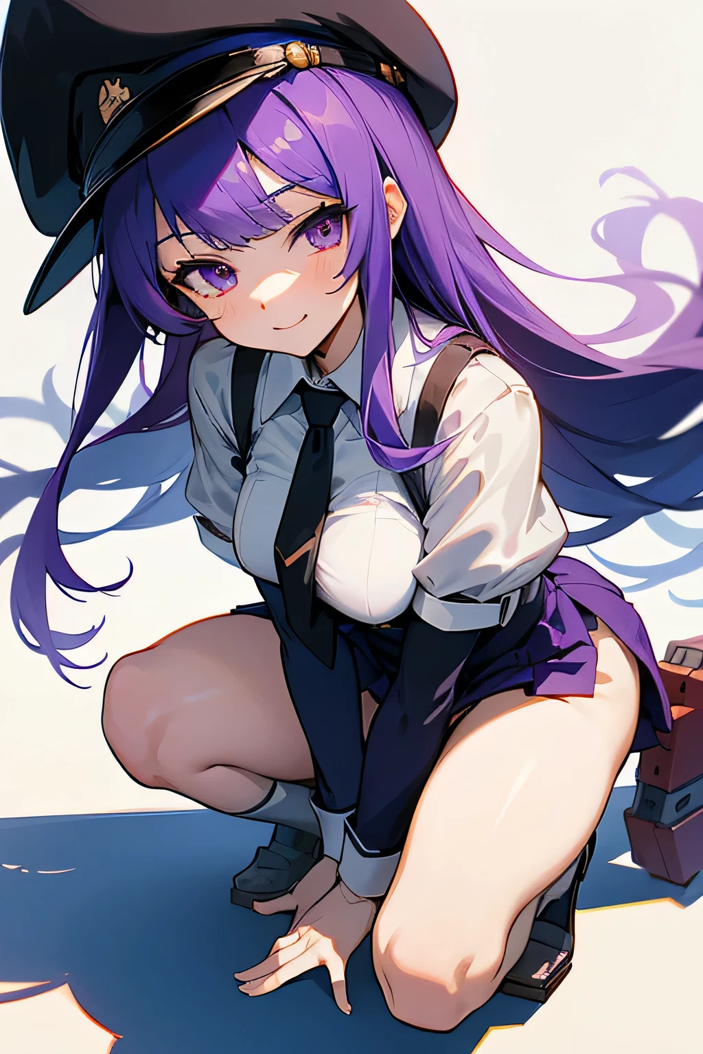 anime girl in uniform with a hat and a tie, from the azur lane videogame, azur lane style, hinata hyuga, kantai collection style, characters from azur lane, slightly happy facial expression, kantai collection arcade, anime maid  ss military, roguish smirk, reisen udongein inaba, girls frontline style, empty purple eyes, dynamic angle, deep squat