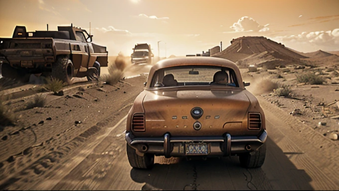 From behind, death proof cover art style, dystopian Desert Dune theme, Oldschool orange Desert Rock lowrider speeding away From atomic blast, flashlight, dust, weathered dusty road, in translucent moody light, luminous digital letters starwars abyss devouring reality in the Background, dystopian Sci-fi Scene, ethereal, thermal, very detailed, HD,