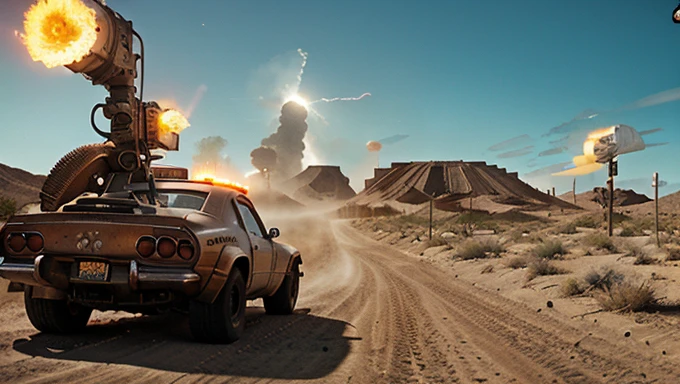 From behind, death proof cover art style, dystopian Desert Dune theme, Oldschool orange Desert Rock lowrider speeding away From atomic blast, flashlight, dust, weathered  dusty road, in translucent moody light, luminous digital letters starwars abyss devouring reality in the Background, dystopian Sci-fi Scene, ethereal, thermal, very detailed, HD,