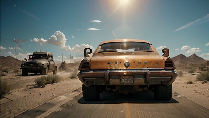 From behind, death proof cover art style, dystopian Desert Dune theme, Oldschool orange Desert Rock lowrider speeding away From atomic blast, flashlight, dust, weathered  dusty road, in translucent moody light, luminous digital letters starwars abyss devouring reality in the Background, dystopian Sci-fi Scene, ethereal, thermal, very detailed, HD,