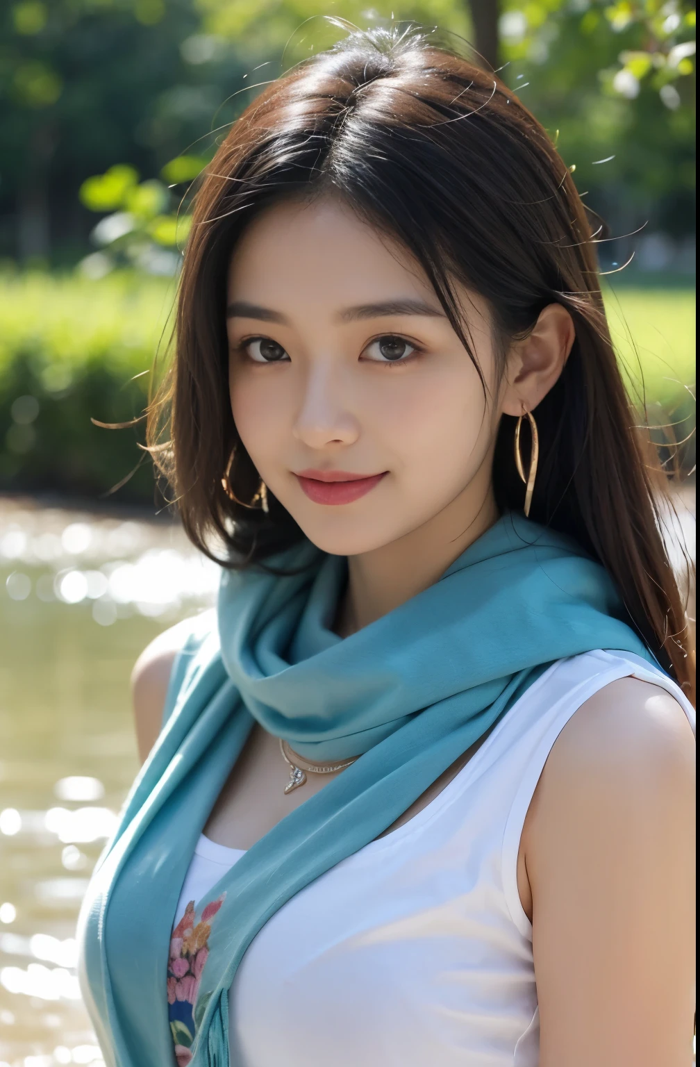 Portrait of lovely woman in bright windy field, River background，watercourse, The fish jumps out of the water，(Backlight),detail， Practical,Upper Body，best quality, detail，Serious, In the shadows, bloom, [[Chromatic Aberration]，Natural skin texture，scarf，Wearing flowers on the head，Tie up with hair，Low-cut，Big Breasts，Deep groin，earrings，necklace，Smile，Transparent Indian Shirt，,Light Blue，embroidered