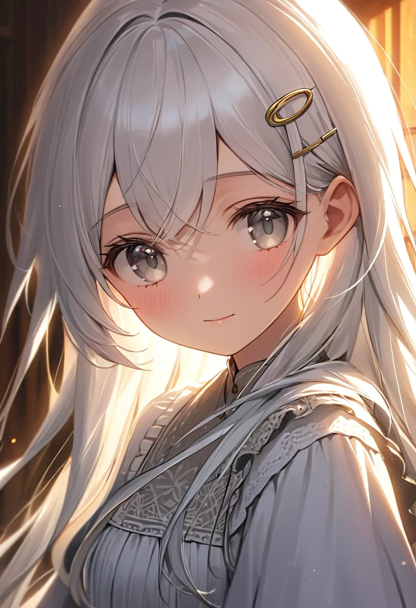 a peasant girl in a white dress, long hair, white hair, beautiful gray eyes, one small metal hairpin on hair, delicate facial features,detailed clothing, serene expression, warm lighting, (best quality,highres,masterpiece:1.2)highly detailed portrait