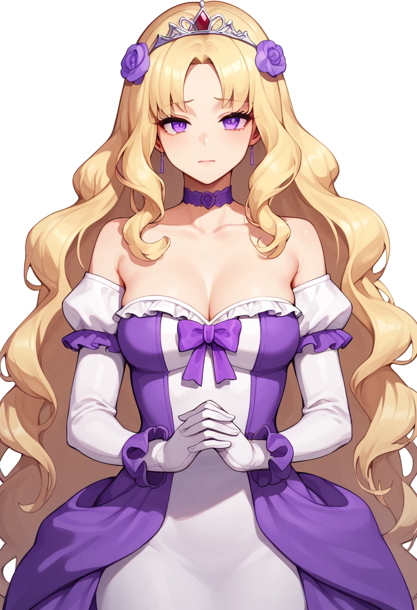 score_9. score_8_up. score_7_up, slutty_clothes, 1girl, blonde hair, solo, long hair, flower, dress, tiara, white dress, gloves, long sleeves, choker, purple eyes, white gloves, purple bow, purple flower, wavy hair, standing, bow, jewelry, looking at viewer, white background, closed mouth, collarbone, puffy sleeves, own hands together, upper body, parted bangs, very long hair, purple dress, frills, bangs, cowboy shot