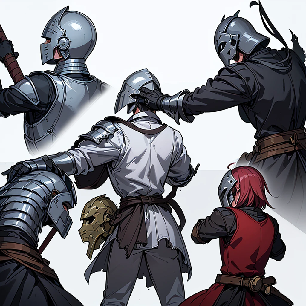 (From the back、Back view)、Highest quality, Best Quality,Best illustrations、(((Iron Mask、pocket、Iron Helmet)))、Medieval Armor、Medieval Knight、Full grey armor、(((20-year-old male)))、Dramatic Angle、(battle)、battlefield、Movement angle、Grab the sword、(Fighting stance)、Run、(((White background)))