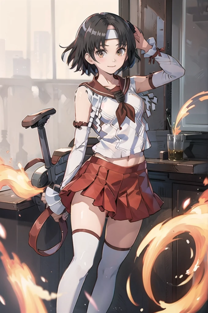 nagaraKC, 1girl, solo, short hair, skirt, ,detached sleeves, serafuku, sailor collar, neckerchief, headband, red skirt, one side up, red sailor collar,white thighhighs,