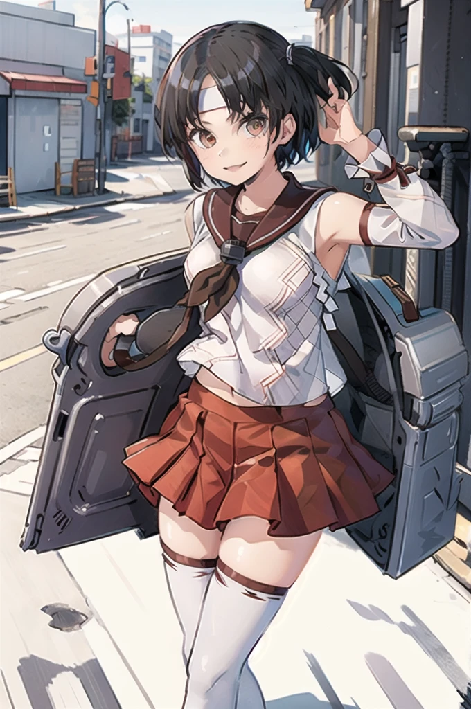 nagaraKC, 1girl, solo, short hair, skirt, ,detached sleeves, serafuku, sailor collar, neckerchief, headband, red skirt, one side up, red sailor collar,white thighhighs,