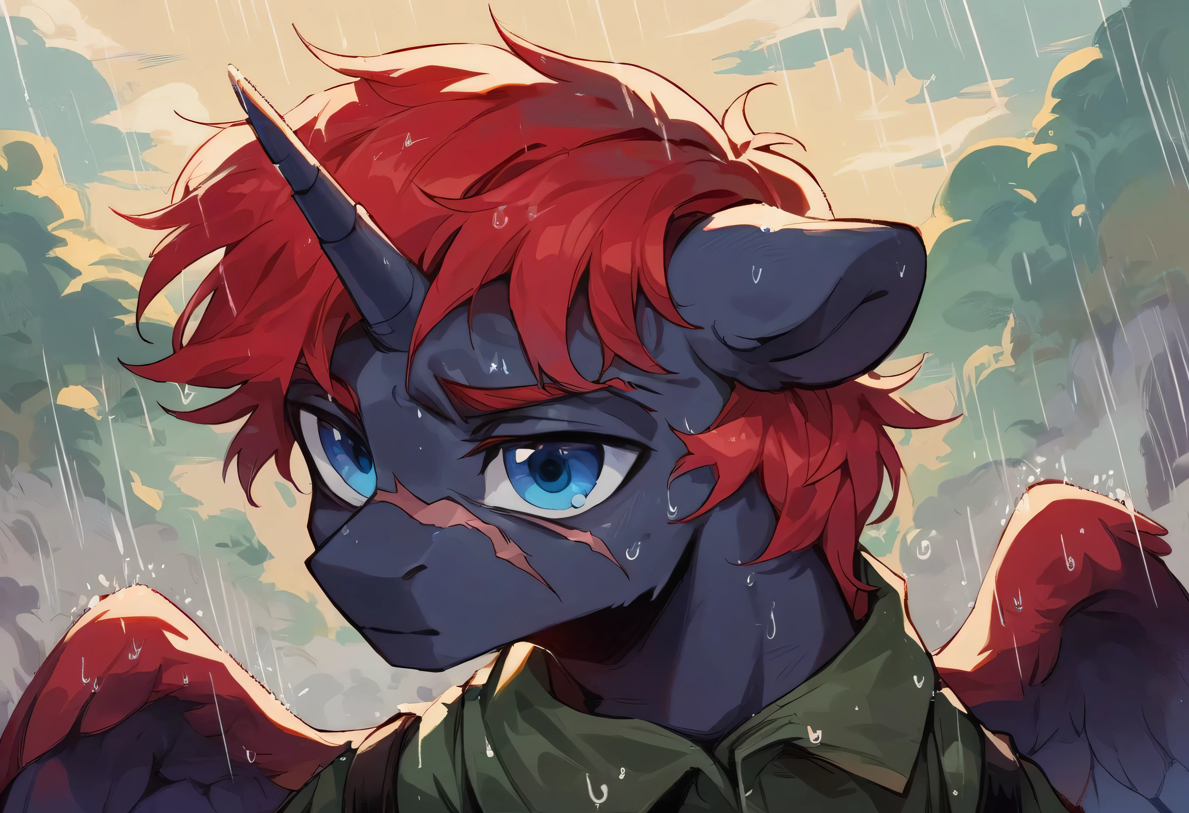 Male alicorn pony, black fur, long red hair, deep blue eyes, red feathers on wings, scar over left eye, red striping, vietnam-era helicopter pilot uniform, boonie hat, in a swamp, explosion in background, raining, wet hair, thousand-yard stare, close-up portrait