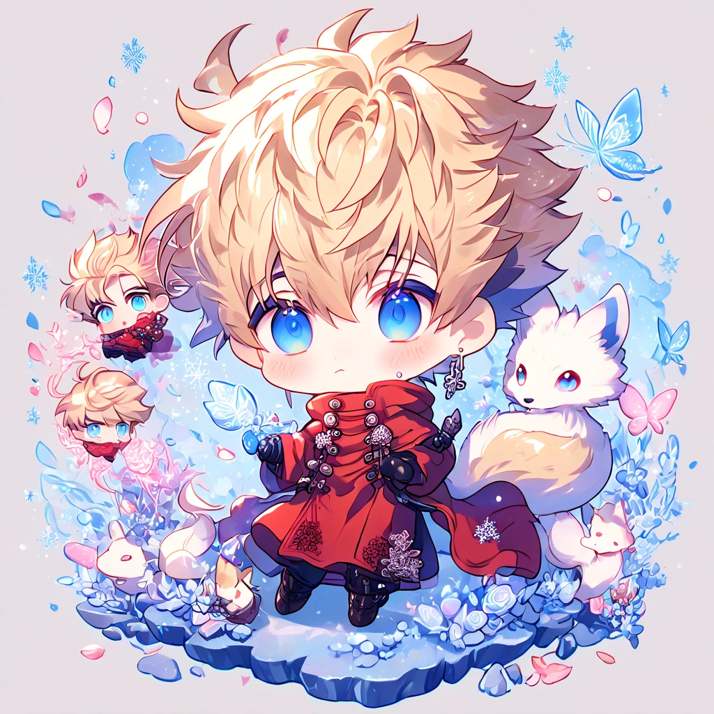 Ultra detailed, HDR, Highres, absurdres, master piece, Vash Stampede chibi, blond hair, expressive blue eyes, red clothes, Trigun, white fox, Ninetales, expressive blue eyes, glass, ice glittering butterflies, ice, petals, pink ice glass flowers, cute, glittering, water, fantasy, magical, snowflakes, cold, small and cute, glass