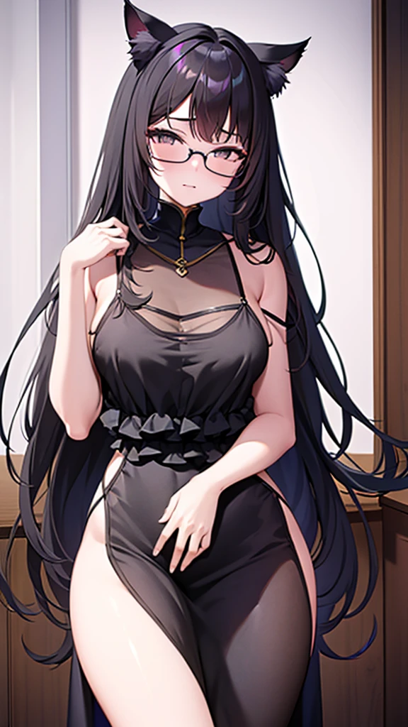 A 20-year-old cat girl with long black hair, gray eyes, bust, wears glasses, and a thigh-length black evening dress.