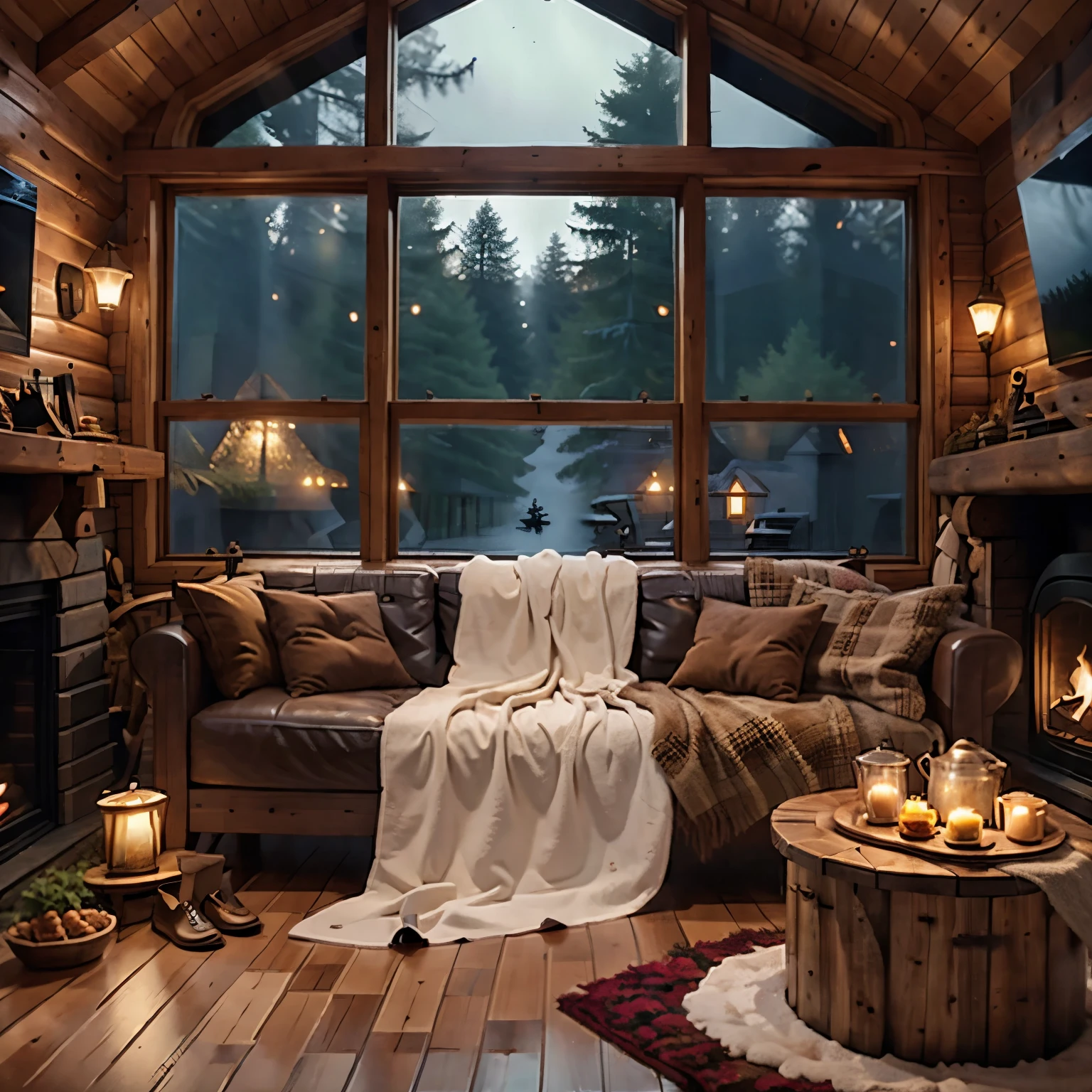 ((best quality)), ((masterpiece)), (detailed), inside a cabin in the woods, cozy, warm, indoors, pot, candle, no humans, wall, window