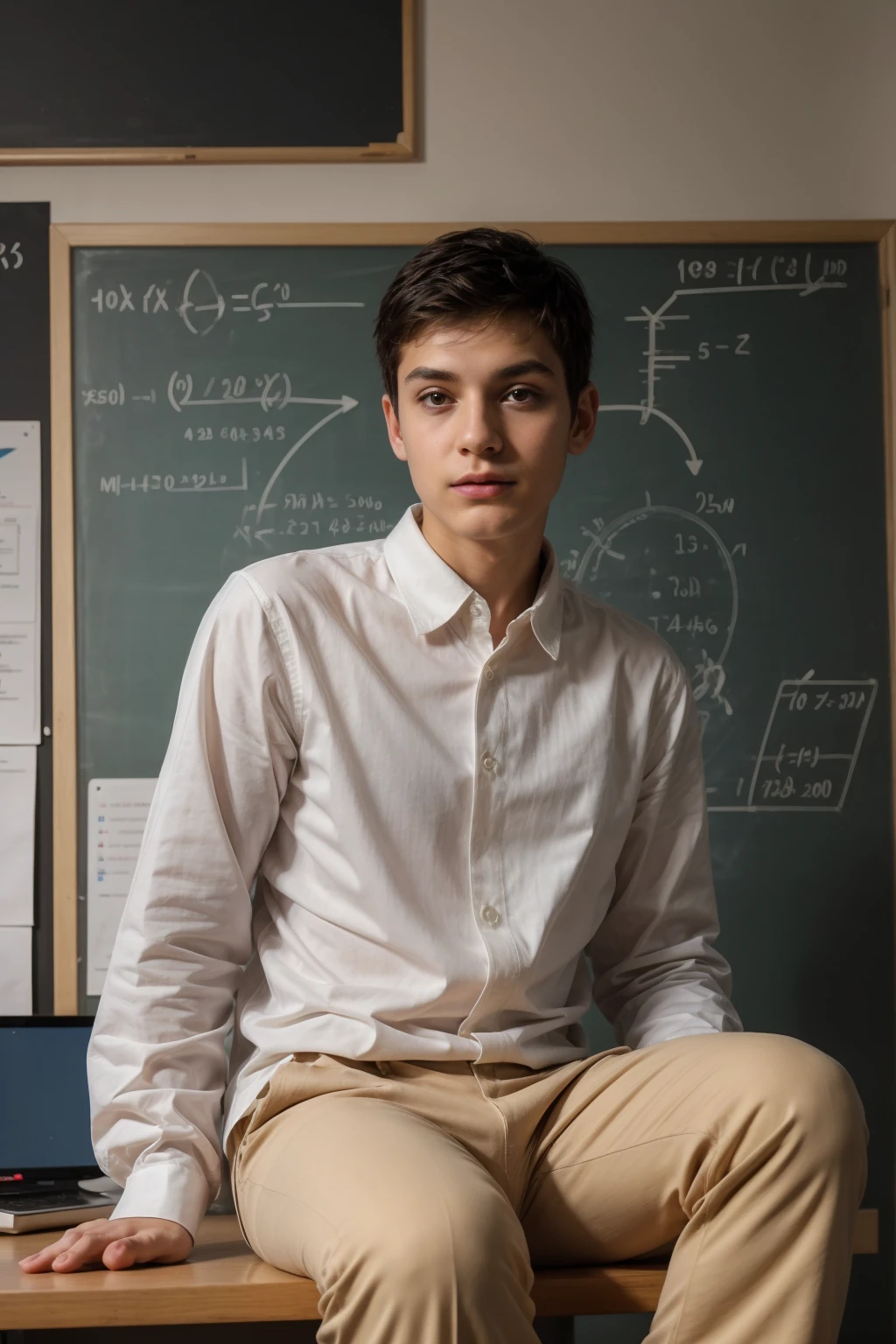 A beautiful young male twink with black hair and a face with make-up on it. He has a white face and he is wearing a white long-sleeved shirt with a tight fit and aqua blue pants. He is in his scientific office and behind him is a blackboard on which is written the shape of the brain and its anatomy and mathematical equations and he is sitting.  On a desk