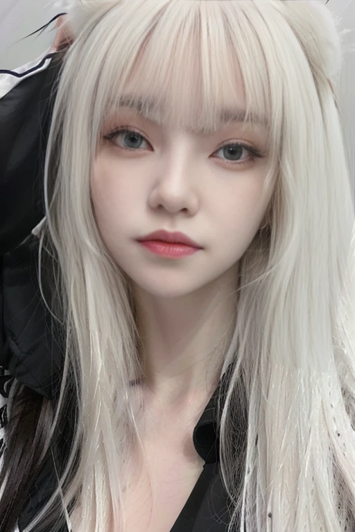 a close up of a person with long white hair and a black jacket, white hime cut hairstyle, white bangs, long white hair and bangs, with long white hair, cabello con white bangs, with long white hair, intense white fur, cruel korean gothic girl, pale porcelain white skin, girl with white hair, pale fur, beautiful face with white fur