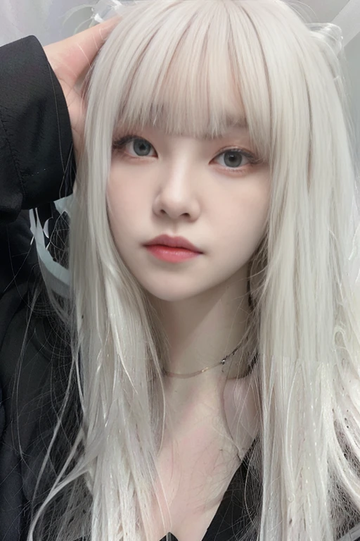 a close up of a person with long white hair and a black jacket, white hime cut hairstyle, white bangs, long white hair and bangs, with long white hair, cabello con white bangs, with long white hair, intense white fur, cruel korean gothic girl, pale porcelain white skin, girl with white hair, pale fur, beautiful face with white fur