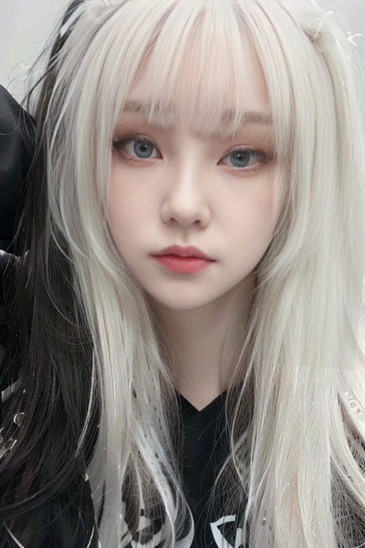 blonde-haired girl with long hair and a black dress, long white hair and bangs, white hime cut hairstyle, white bangs, Perfect white hair girl, with long white hair, cabello con white bangs, pale porcelain white skin, pale fur, cruel korean gothic girl, pale gothic beauty, girl with white hair, with long white hair, ulzzang