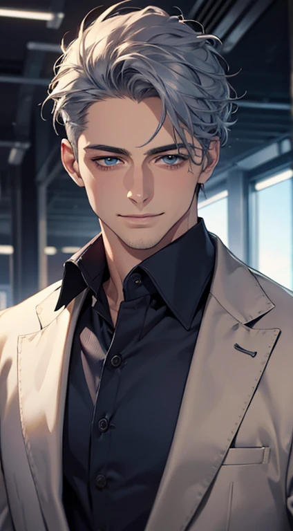 (best quality,4k,8k,highres,masterpiece:1.2),ultra-detailed,(realistic,photorealistic,photo-realistic:1.37),1 man,31 years old,mature man,very handsome,without expression,smile,short grey blue hair,blue eyes,penetrating gaze,perfect face without errors,imposing posture,businessman,office background,cinematic lighting,hdr image