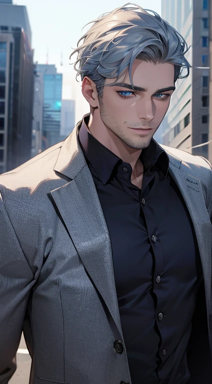 (best quality,4k,8k,highres,masterpiece:1.2),ultra-detailed,(realistic,photorealistic,photo-realistic:1.37),1 man,31 years old,mature man,very handsome,without expression,smile,short grey blue hair,blue eyes,penetrating gaze,perfect face without errors,imposing posture,businessman,office background,cinematic lighting,hdr image