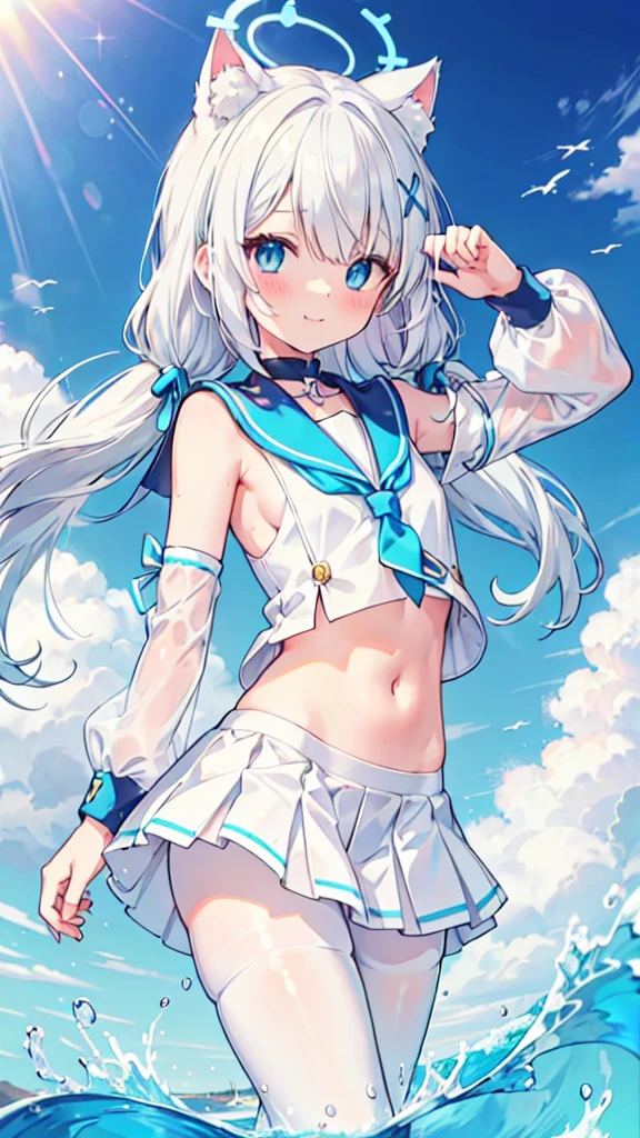 Sailor Suit,Navel,girl,White pantyhose,White hair,Long hair,Cat ear,Heterochromia blue-yellow,Smile,Female face,There are bright spots in the eyes,Female hands,White little hands,Normal fingers,flat chest,seaside,Blue ring halo,White skirt,Blue long tie