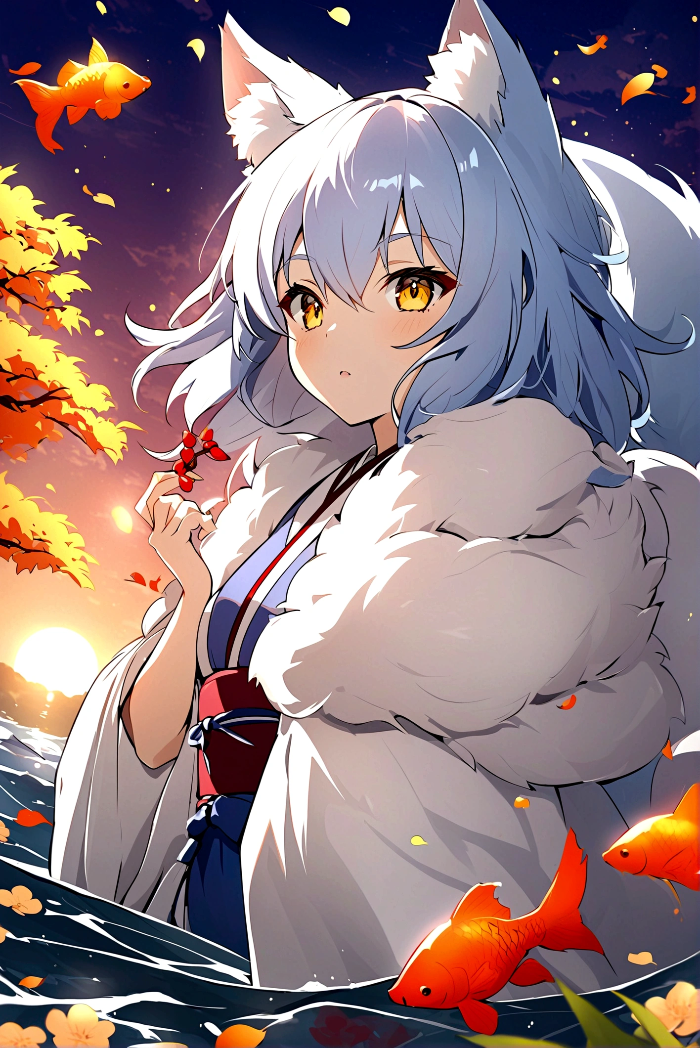 fox Light blue hair beast girl indigo fur fox beast girl Sesshomaru, Yellow eyes, Anime, Perfect face, Perfect Lighting, Outdoors, Warm colors, Dark purple sky, Autumn sunset, Bearing Claw, Ready to fight wave, koi fish, anime artstyle, wide view, fluffy. yellow fox, marking under the eyes, crystal antler ,violet eyes, wearing bandanna, flower petals, Ambient light,Ultra-fine fur,volumettic light,natural lightting,fox tail,nevando,35mm。High quality, high detal, Best quality, hyper HD,individual,Single
