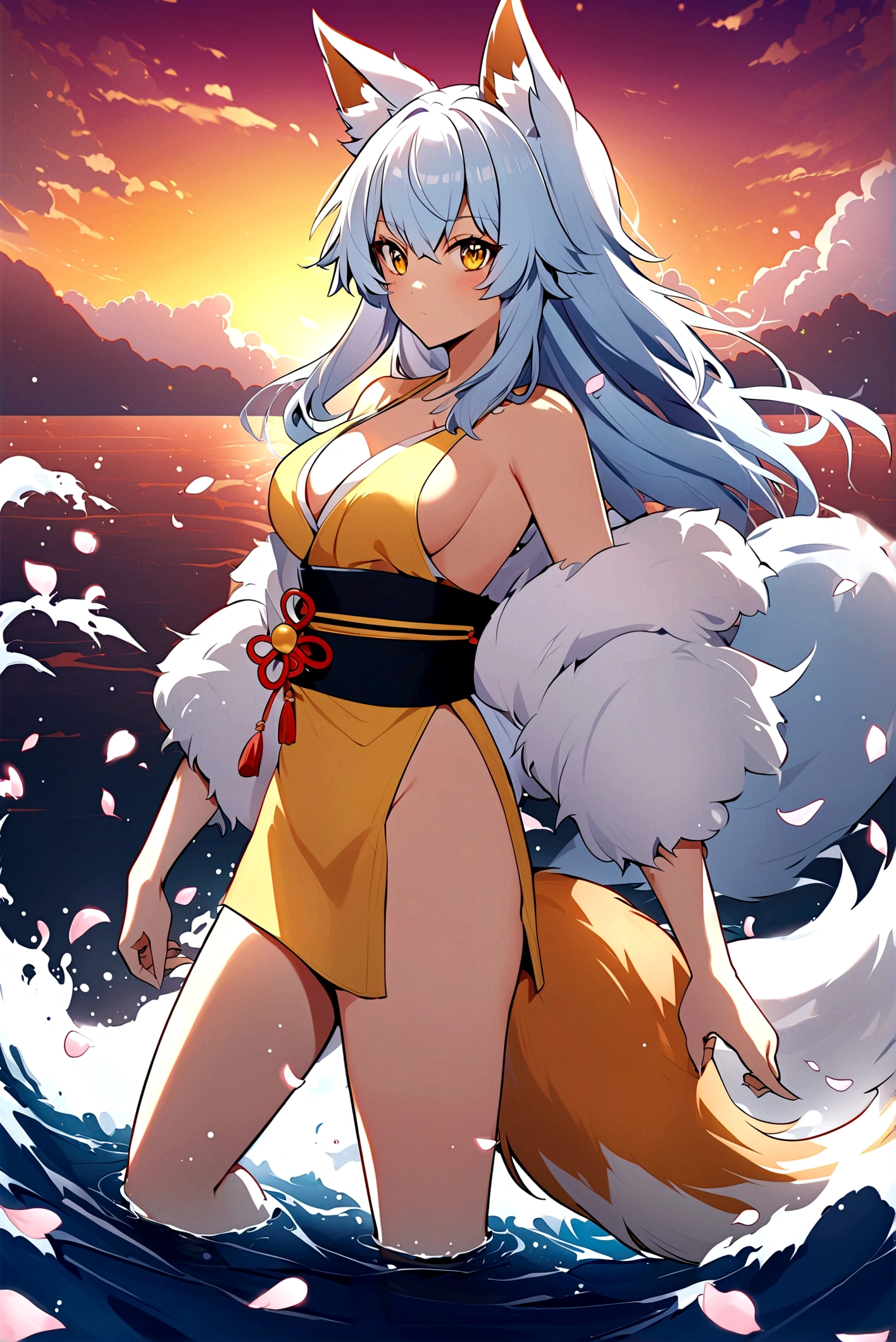 fox Light blue hair 　beast girl　indigo fur　fox beast girl　Sesshomaru, Yellow eyes, Anime, Perfect face, Perfect Lighting, Outdoors, Warm colors, Dark purple sky, Autumn sunset,  \(inuyasha\), Bearing Claw, Ready to fight　wave, koi fish, anime artstyle, wide view, fluffy. yellow  fox, marking under the eyes, crystal antler ,violet eyes, wearing bandanna, flower petals, Ambient light，Ultra-fine fur，volumettic light，natural  lightting，fox tail，nevando，35mm。High quality, high detal, Best quality, hyper HD，individual，Single