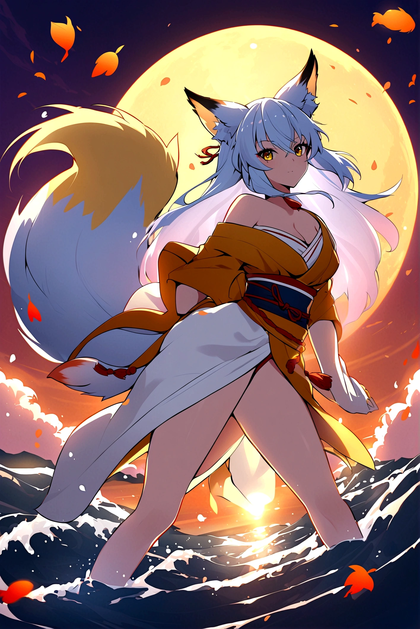 fox Light blue hair 　beast girl　indigo fur　fox beast girl　Sesshomaru, Yellow eyes, Anime, Perfect face, Perfect Lighting, Outdoors, Warm colors, Dark purple sky, Autumn sunset,  Bearing Claw, Ready to fight　wave, koi fish, anime artstyle, wide view, fluffy. yellow  fox, marking under the eyes, crystal antler ,violet eyes, wearing bandanna, flower petals, Ambient light，Ultra-fine fur，volumettic light，natural  lightting，fox tail，nevando，35mm。High quality, high detal, Best quality, hyper HD，individual，Single