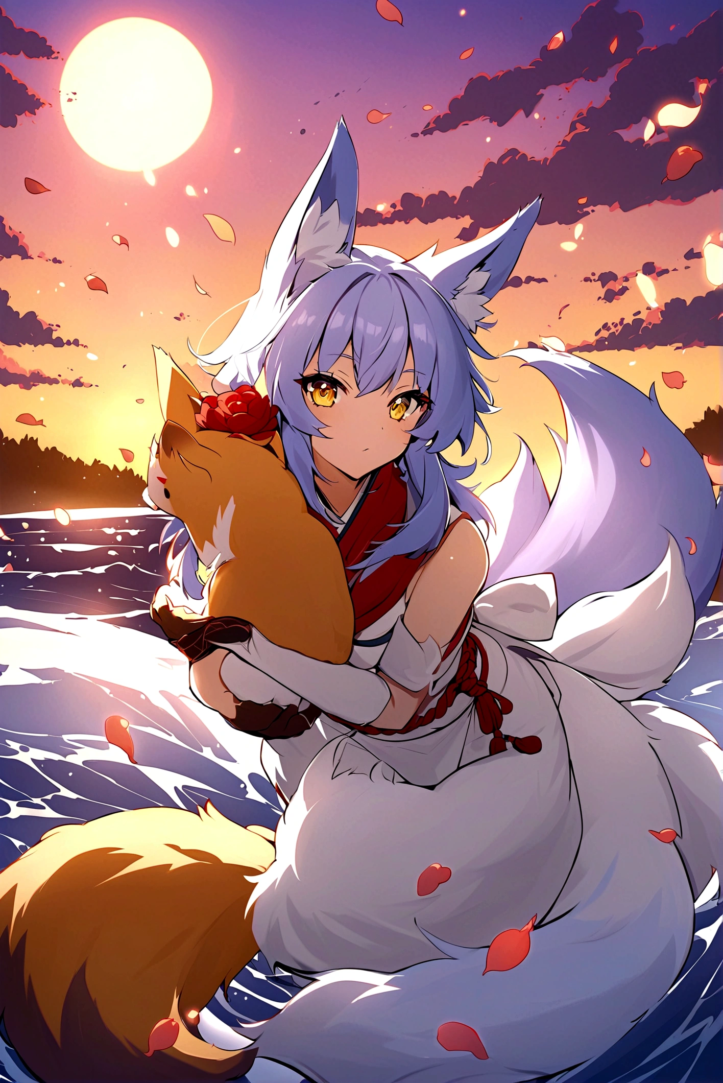 fox Light blue hair beast girl indigo fur fox beast girl Sesshomaru, Yellow eyes, Anime, Perfect face, Perfect Lighting, Outdoors, Warm colors, Dark purple sky, Autumn sunset, Bearing Claw, Ready to fight wave, koi fish, anime artstyle, wide view, fluffy. yellow fox, marking under the eyes, crystal antler ,violet eyes, wearing bandanna, flower petals, Ambient light,Ultra-fine fur,volumettic light,natural lightting,fox tail,nevando,35mm。High quality, high detal, Best quality, hyper HD,individual,Single