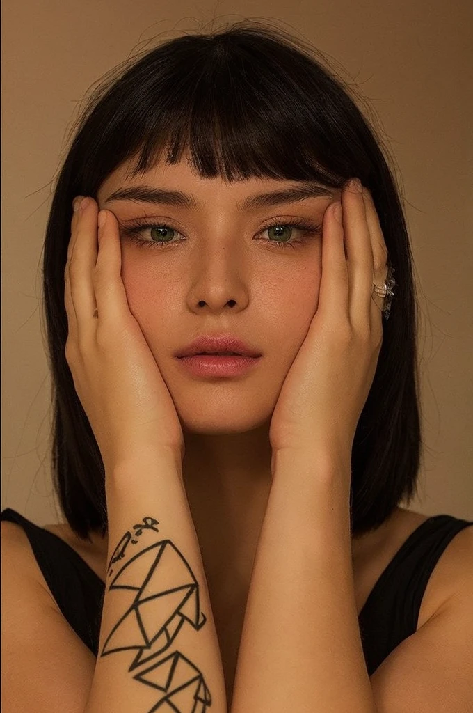 girl with clean pale skin and silky soft black hair, with small pink lips and a small, thin potato nose and light green eyes , taking a photo looking at the camera with both hands close to the eye and with a black outline and good quality