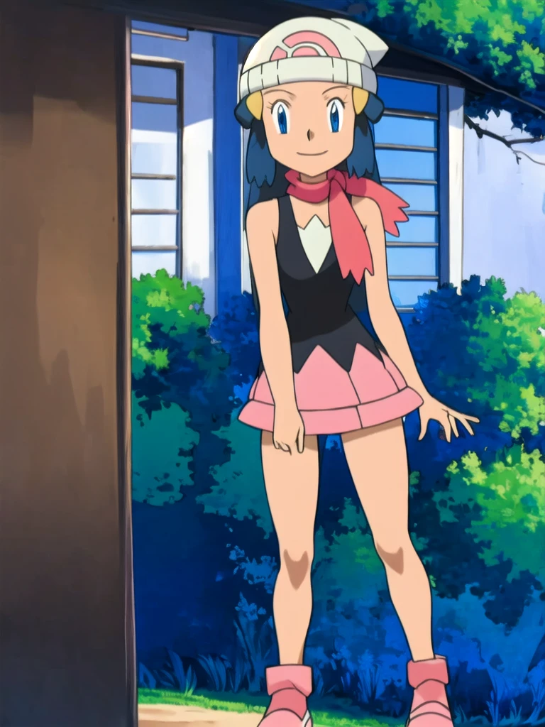 masterpiece, best quality, highres, 1girl, solo, dawn (pokemon), pink scarf, black shirt, pink skirt, hat, outdoors, bare shoulders, smile,looking at viewer