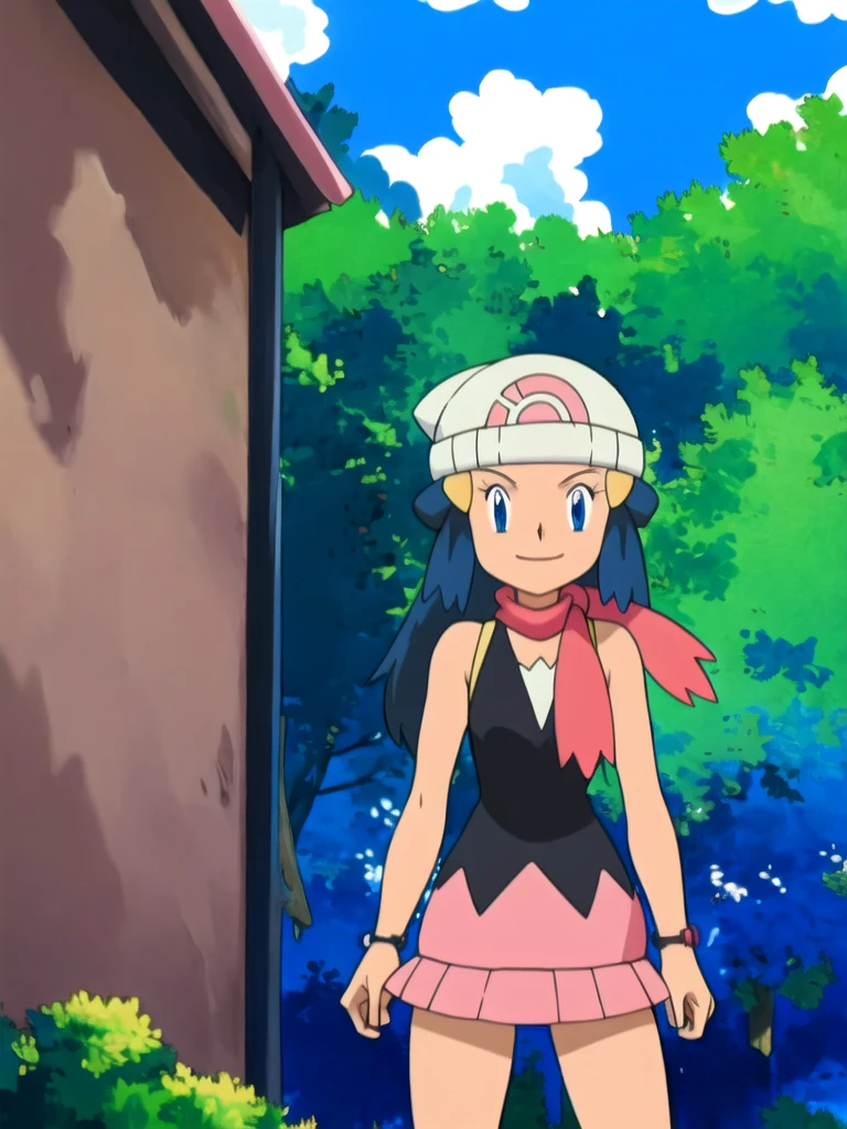 masterpiece, best quality, highres, 1girl, solo, dawn (pokemon), pink scarf, black shirt, pink skirt, hat, outdoors, bare shoulders, smile,looking at viewer