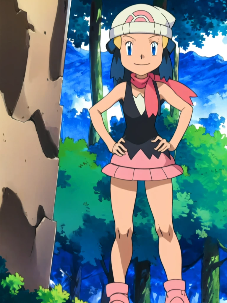 masterpiece, best quality, highres, 1girl, solo, dawn (pokemon), pink scarf, black shirt, pink skirt, hat, outdoors, bare shoulders, smile,looking at viewer