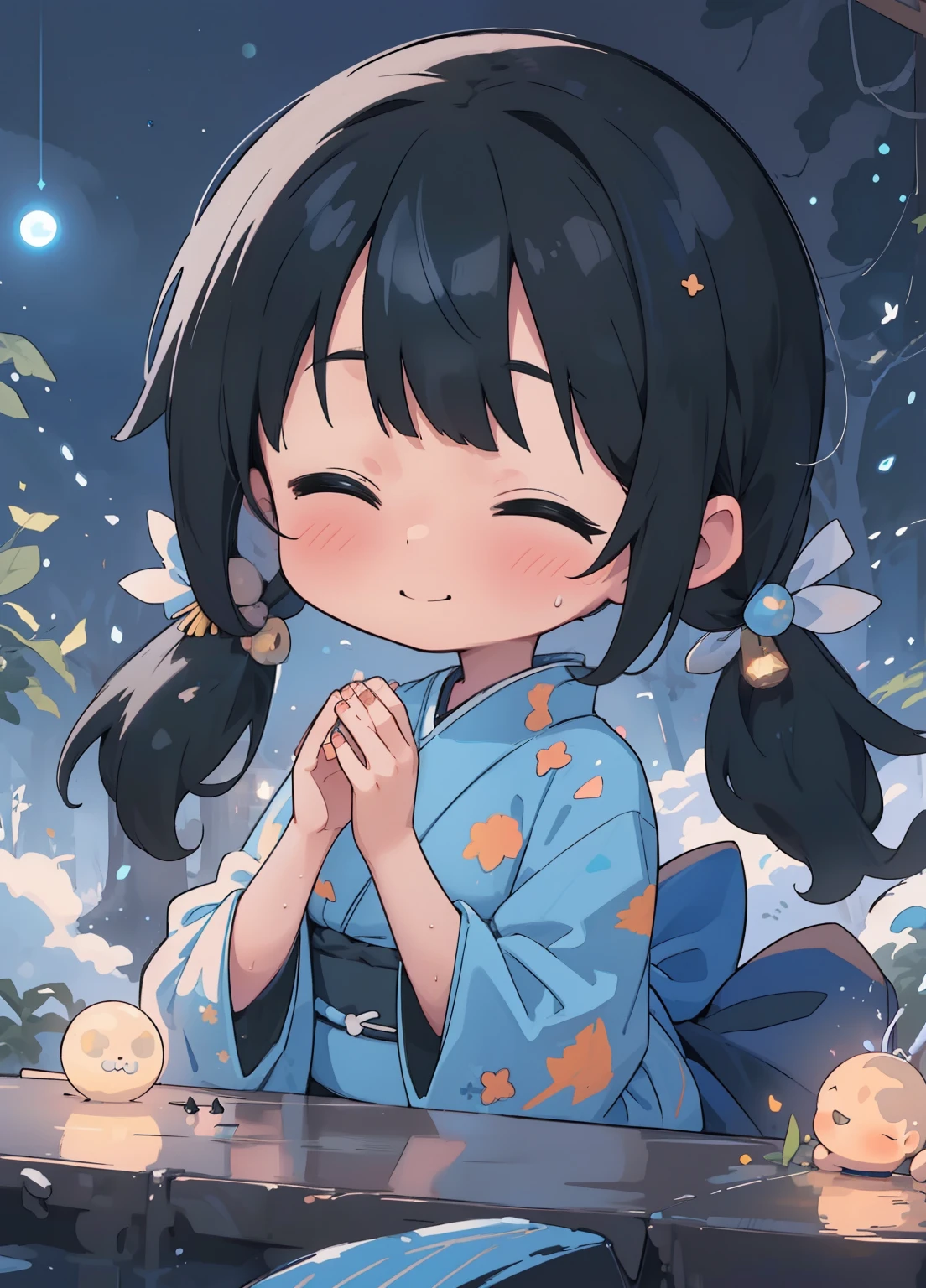 (masterpiece、Highest quality、Highest quality、Official Art、Beautiful and beautiful:1.2)、(One girl:1.3)Hatsune Miku、Twin tails,Beautiful breasts,Tabletop, Highest quality, Very detailed, With a girl, alone, Happy, close your eyes,whole body, (((Long black hair:1.3))), (((kimono))), Cat mask, (Reaching out:1.1), (from the front:1.2), (((Deformed))), (((Chibi Character))), Japanese, Autumn background, Night Background, (((Blue Moon Light))),