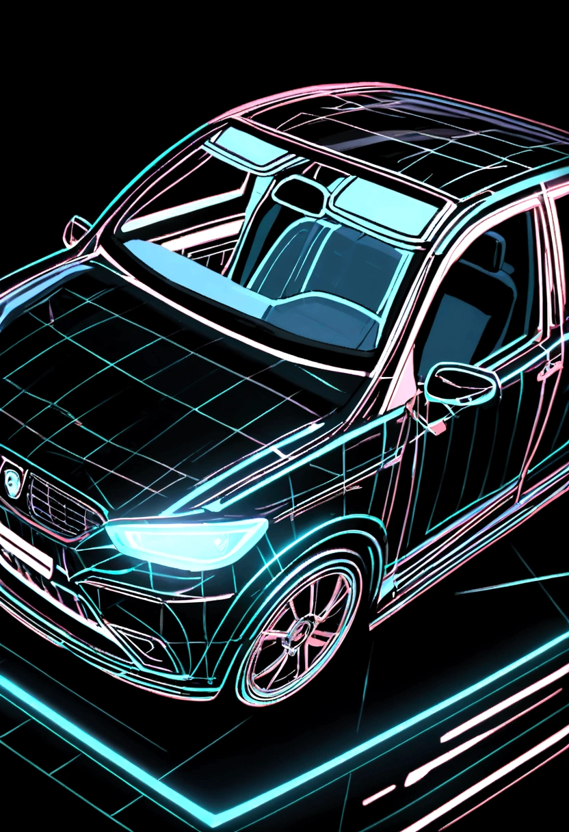 holographic wireframe of a car, black background
