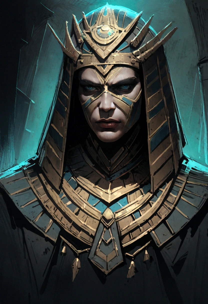 a portrait of an angry, God of Egypt, complex outfit, realistic epic, set, Aesthetics, cinematic, insane details, hyperdetailed, dimmed colors, subdued colors, grainy film, slate, access, frightful, vignette, tomb inside, sketch, rutkowski art,