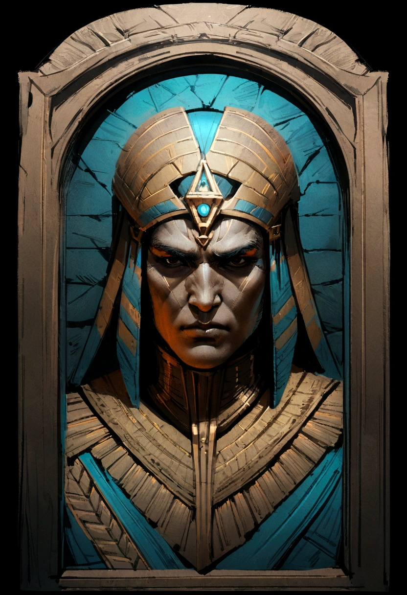 a portrait of an angry, God of Egypt, complex outfit, realistic epic, set, Aesthetics, cinematic, insane details, hyperdetailed, dimmed colors, subdued colors, grainy film, slate, access, frightful, vignette, tomb inside, sketch, rutkowski art,