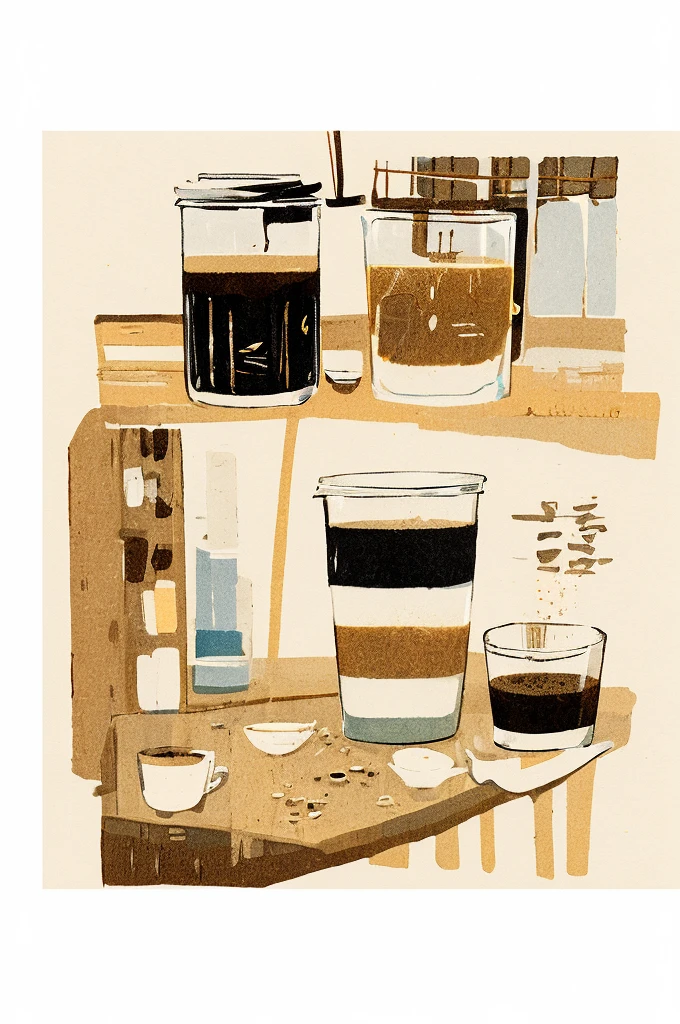 Illustration: simple lines, wood print style, coffee, small clear glass with expresso, 
 Coffee cup close up, white coffee shop atmosphere