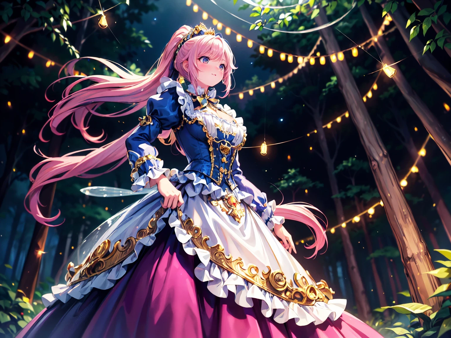 (((young face solo Captivating Adorable princess))), (((dress garnet dress)))), (((Unsurpassed gorgeous rococo victorian gown with voluminous  hoopskirt and long hems, princess style skirt:1.9))), (gown brilliances dazzlingly glitter reflective prismatic transparency gown:1.5), (gown ultra elaborate gown:2), (gown transparent gown:1.5),  (((huge breasts:1.5))), breasts focus, breasts cleavage, (hair pink hair:1.6), (((ponytail fluffy long ponytail:1.6))), ((Expressive hair)), very voluminous and very long hair, bangs, super delicate and beautiful face, beautiful lips, (hyper detail delicate beautiful eyes blue eyes), hair ornament silver ornament, beautiful smile, ((cowboy shot:1.3, from below:1.5, looking up:1.5, dynamic pose:1.5, dutch angle:1.5)), (((Masterpiece, Super detail, top quality, ultra high res, Spectacular Quality, Distinguished Quality, ultra detailed, unity 16k, ultra photo realistic))), (firefly light so many firefly light, in night forest:1.5), 