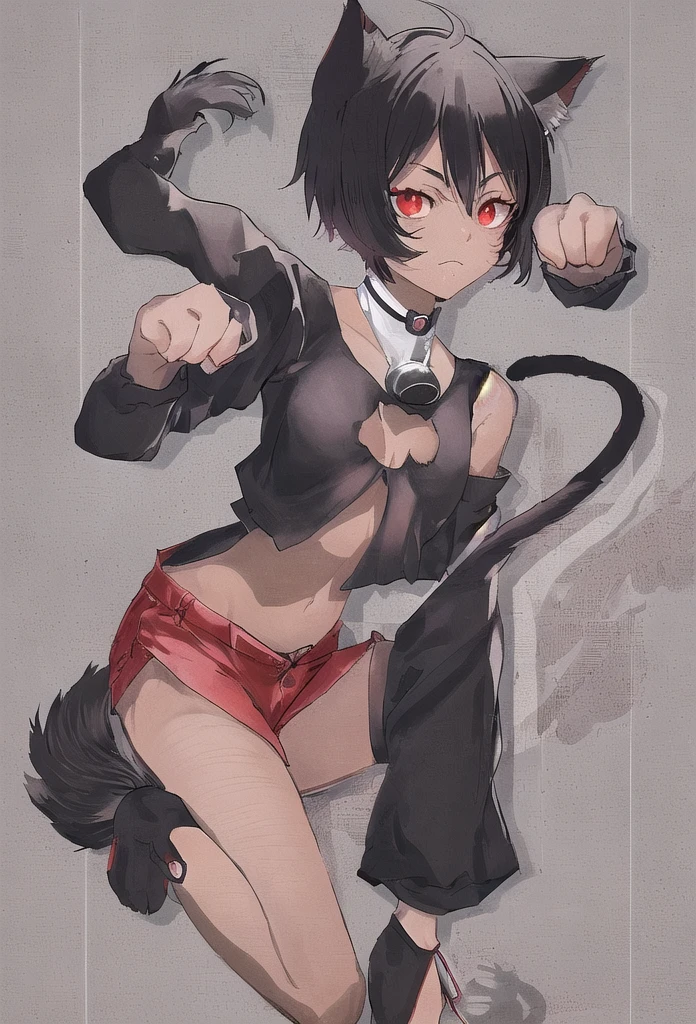 
nekomiya_mana, black_hair, cat_ears, two_cat_tails, dark_skin, detached_sleeves, forehead_mark, neck_bell, red_eyes, short_hair, shorts, , detailed skin texture, detailed, volumetric shadow, paw pose, 