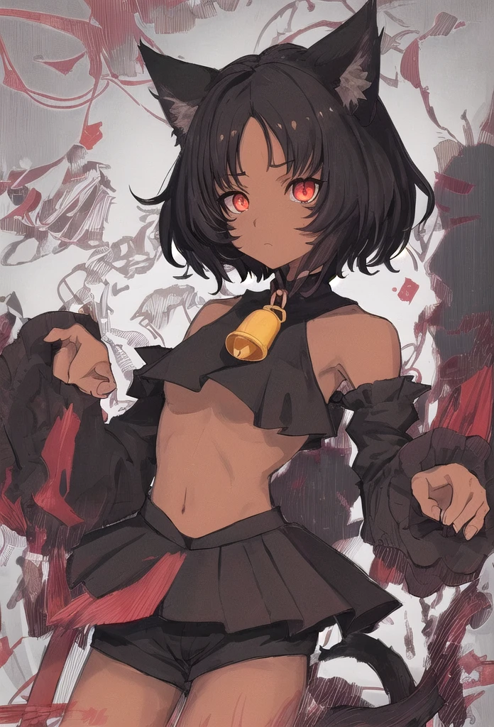 
nekomiya_mana, black_hair, cat_ears, two_cat_tails, dark_skin, detached_sleeves, forehead_mark, neck_bell, red_eyes, short_hair, shorts, , detailed skin texture, detailed, volumetric shadow, paw pose, 