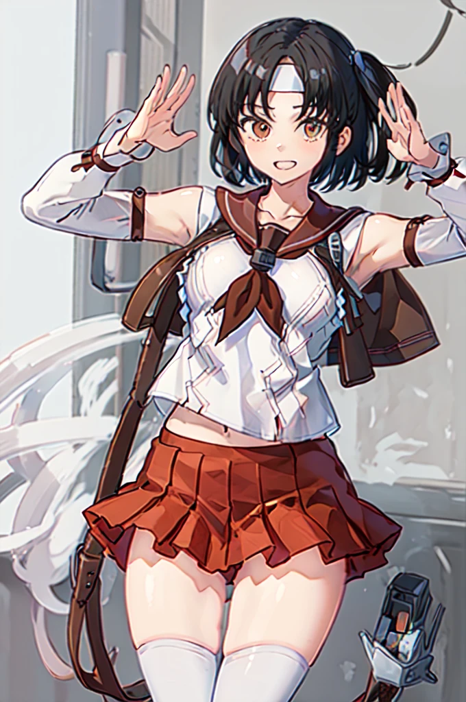 nagaraKC, 1girl, solo, short hair, skirt, ,detached sleeves, serafuku, sailor collar, neckerchief, headband, red skirt, one side up, red sailor collar,white thighhighs,