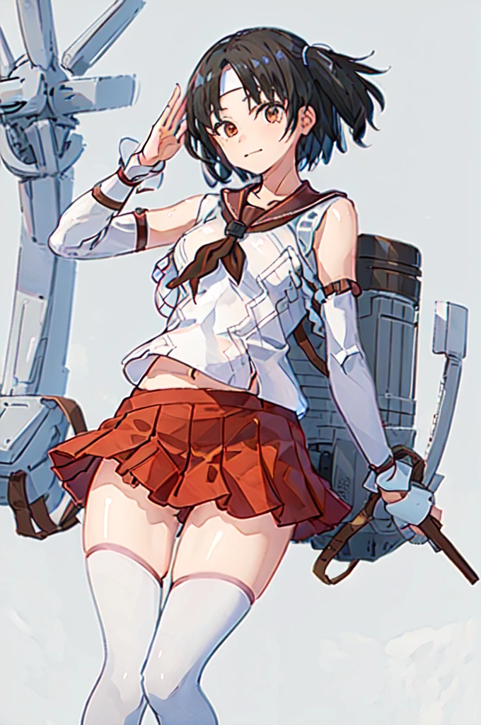 nagaraKC, 1girl, solo, short hair, skirt, ,detached sleeves, serafuku, sailor collar, neckerchief, headband, red skirt, one side up, red sailor collar,white thighhighs,