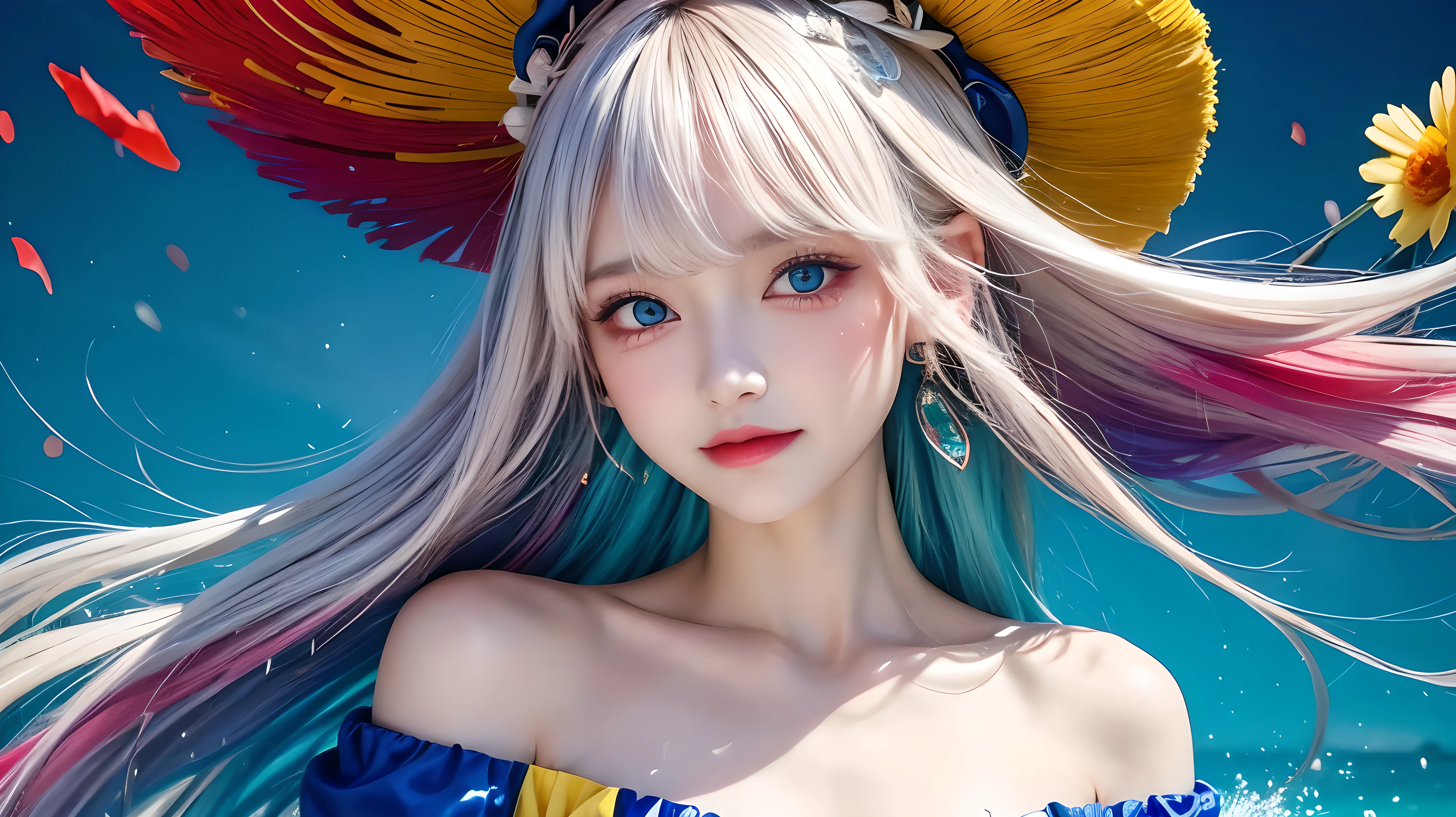 （Colorful Fashion T-Shirts：1.9），（blond：1.8），（Rainbow all colors：1.8），（（（（（Vertical painting：1.6））），（：1.6），front，comics，illustration，，big eyes，crystal clear，（Golden Gradientlong hair，extra long hair：1.7），Colorful hats，Exquisite makeup，Big breasts，Smiling all over，（Little fresh：1.5），（Tube top：1.6），long eyelashes，Colorful off-shoulder T-shirt，looking at the audience，Big watery eyes，（blond hair：1.6），Color Splash，（solo：1.8），Color Splash，Color explosion，Heavy Paintworkwind，Messy lines，（（Shiny）） ，（Colorful），（Colorful），（Colorful），Colorful，Heavy Paintworkwind，（splash）（Color Splash），vertical，Upper body，Paintworksplash，acrylic paint，gradient，Paintwork，Highest image quality，highest quality，masterpiece，solo，depth of field，face painting，colorful clothes，（grace：1.2），gorgeous，long hair，wind，（grace：1.3），（petal：1.4），（（（masterpiece））），（（（））），（（Super detailed）），（illustration），（dynamic angle） ,((float)),(Paintwork),((disheveled hair)),(solo),(1girl),(((Detailed Anima face))),(((Beautiful detailed face)),neckwear,bare shoulders,blondes,((blondes)),((blondes)),Beautiful and delicate eyes,(blue eyes),(((blue eyes))),(((Colorful background))),(((high saturation) )),(((Surrounded by colorful splash))),(((Colorful background))),(((high saturation))),(((Surrounded by colorful splash))),(((Colorful background))),(((high saturation))),(((Surrounded by colorful splash))),